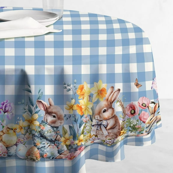 Easter Tablecloth Round Diameter 60 inch, Fabric Washable Spring Floral Eggs and Bunny Decoration Oblong Table Cover Spillproof, Dining Table Cloths Indoor or Outdoor Party Table Decor