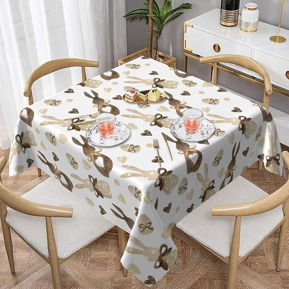 Easter Tablecloth Square 60x60 Inch Brwon Cream Love Heart Bunny Table Cloth,Stain Resistance Polyester Spring Rabbits Table Covers for Kitchen Dining,Small Tablecloth for Party Picnic