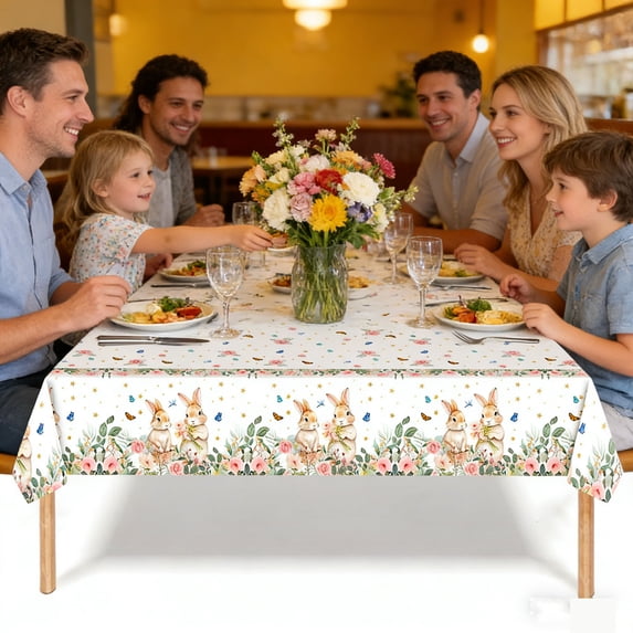 Easter Tablecloth Waterproof Reusable Washable Party Decorations with Bunnies Eggs Floral Print Holiday Spring Celebration Dining Picnic Table Cover Decor for Home Outdoor Indoor Family Gathering