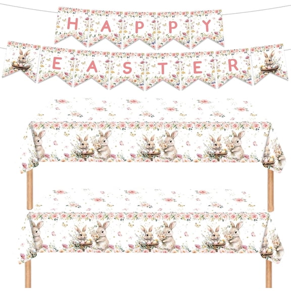 Easter Tablecloth 54 x 108 Inch Rectangle,Easter Bunny and Eggs Table Cloth,Easter Backdrop Photography Banner Decorations,Spring Floral Tablecloth for Party Home Dinner Decor