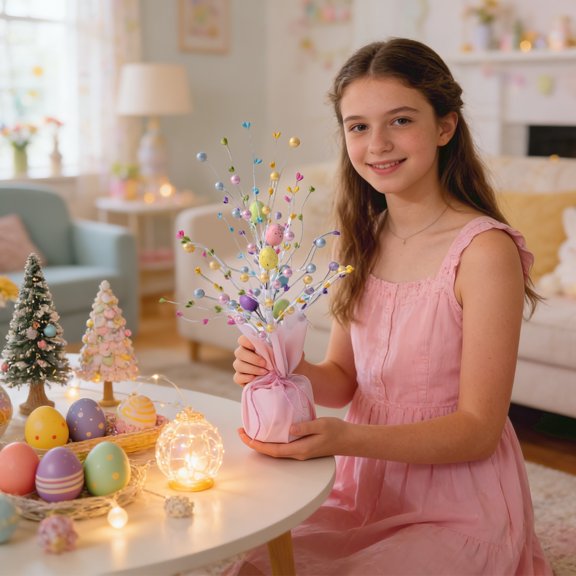 Easter Tabletop Decor Tree, 8 Inch Artificial Flower Arrangement with Pearl Eggs & Berries, Rustic Centerpiece for Mantel, Shelf, or Dining Table