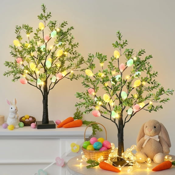 Easter Tabletop Tree With Eggs, 2 Ft Lighted Artificial Tree With 24 LED Lights, Battery Or USB Operated, Spring Home Decor For Table Mantel Shelf, 2 Pack