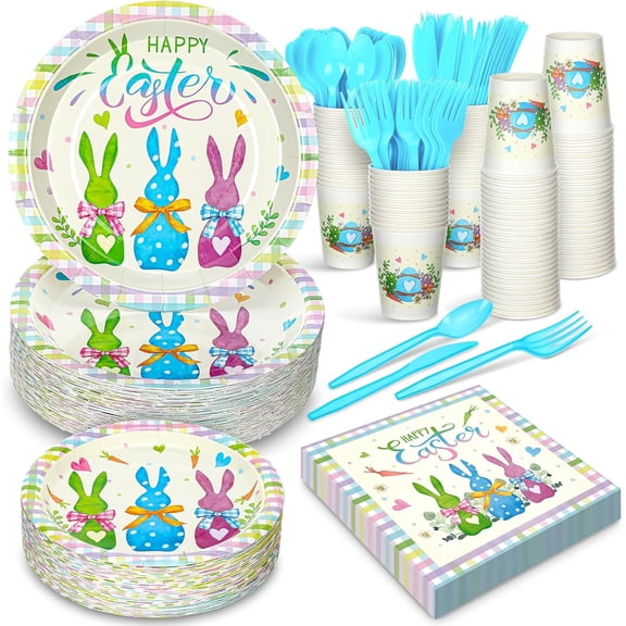 Easter Tableware Set - Disposable Dinnerware - Paper Plates, Napkins, Cups, Spoons, Forks, Knives - White, Beige - Animal Print