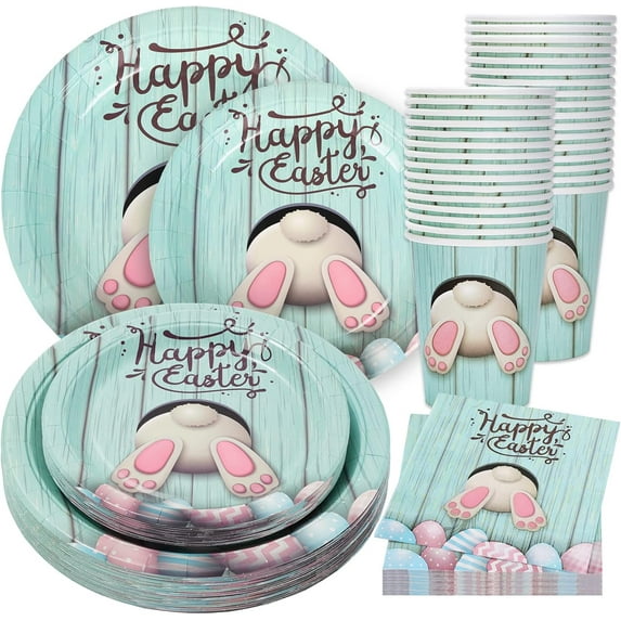 Easter Tableware Set Disposable Dinnerware Set Paper Plates Napkin Cups for Holiday Party Supplies Table Decorations