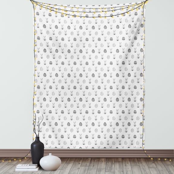 Easter Tapestry, Black and White Pattern Hand Drawn Style Rabbits with Bowties and Patterned Eggs, Wall Hanging for Bedroom Living Room Dorm Decor, 40W X 60L Inches, Black White, by Ambesonne