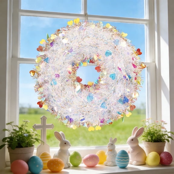 Easter Tapestry Style Wreath, Rattan Look Easter Door Garland, Spring Holiday Hanging Decor, Plastic Easter Wall Ornament for Front Door Window Home and Party Decoration