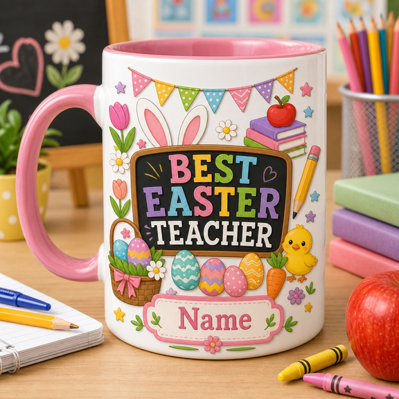 Easter Teacher Mug Personalized with Name, Custom Second Grade Coffee Cup Spring Gift