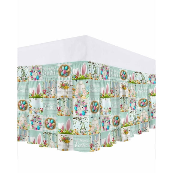 Easter Teal Patchwork Bed Skirt California King Size 16 Inch Drop, Rabbit Foot Ears Eggds Dwarfs Wood Grain Adjustable Elastic Dust Ruffles Bedskirt Wrap Around Pleated Mattress Frame Cover