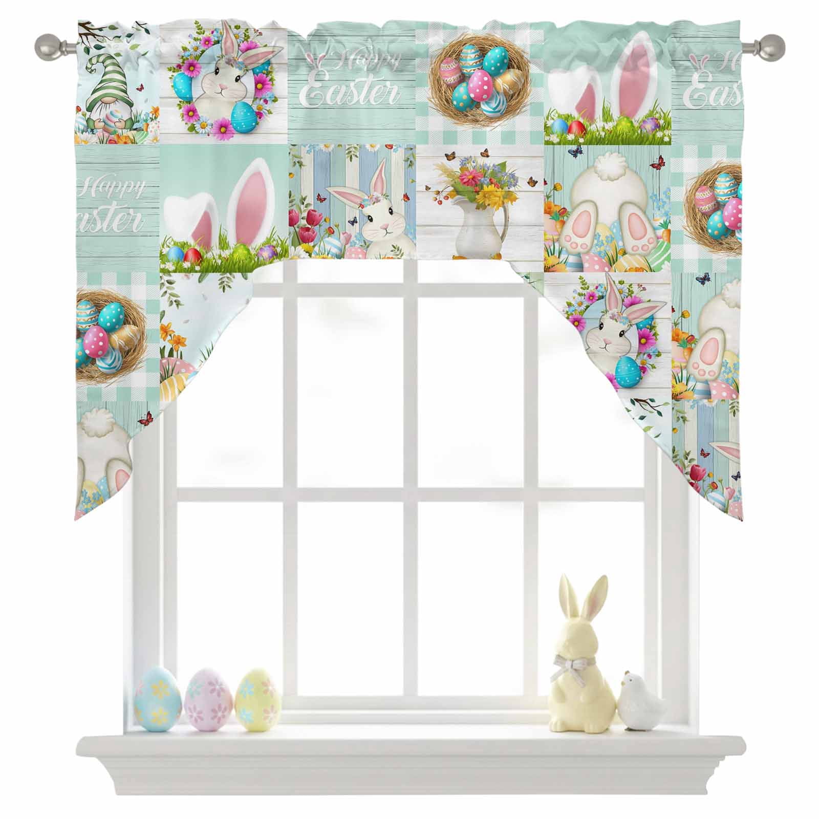 Patchwork Swags Easter Teal Patchwork Swag Valances for Kitchen Window, Rabbit Foot ...