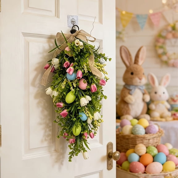 Easter Teardrop Wreath 23.6" Spring Easter Egg & Lavender Wreath Artificial Teardrop Swag for Front Door Porch Wall Decor