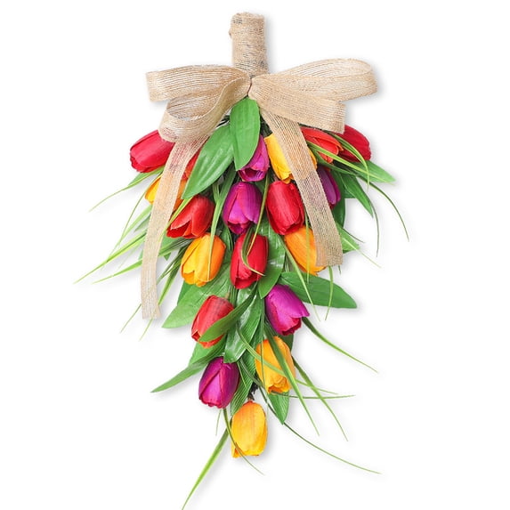 Easter Teardrop Wreath Hanging Decoration Handmade Spring Artificial Tulips Swag Wreath with Burlap Weather Resistant,Mom/Her Gifts for Stairway Window Outdoor Farmhouse Decor