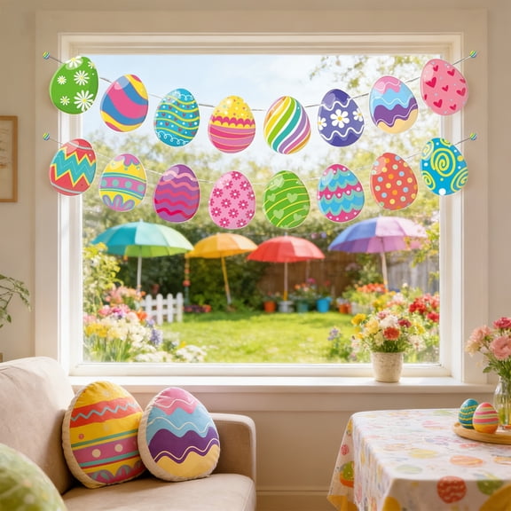 Easter Theme Banner Easter Egg Pull Flag Easter Decorations Indoor Bunny & Egg Hanging Banner Spring Home Decor for Easter Party(B)