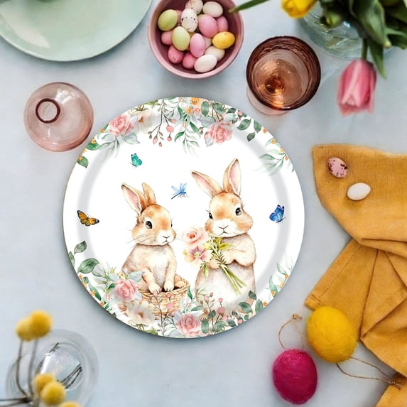 Easter Theme Disposable Tableware Set - Spring Flower and Bunny Patterns Plates Cups and Napkins for Party Supplies