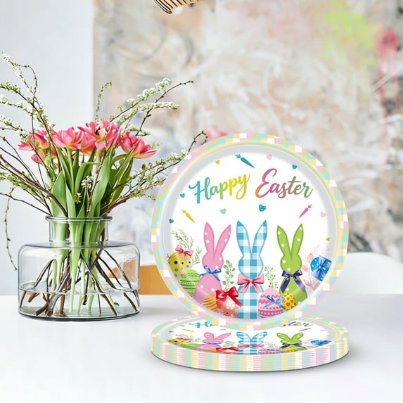 Easter Theme Disposable Tableware Set - Spring Flower and Bunny Patterns Plates Cups and Napkins for Party Supplies