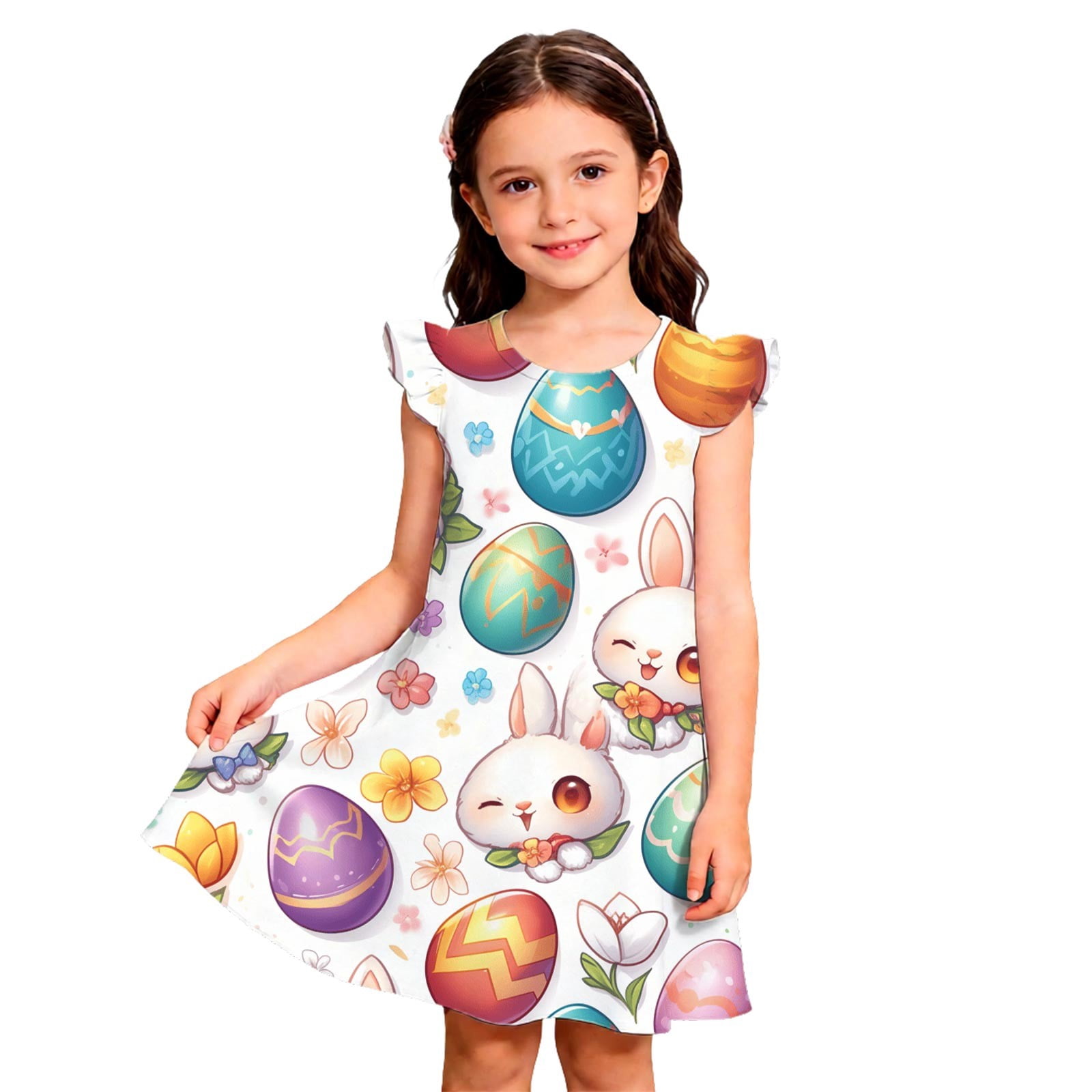 Easter Theme Long Dress For Girls Floral Print Party Gown With Sash Bow ...