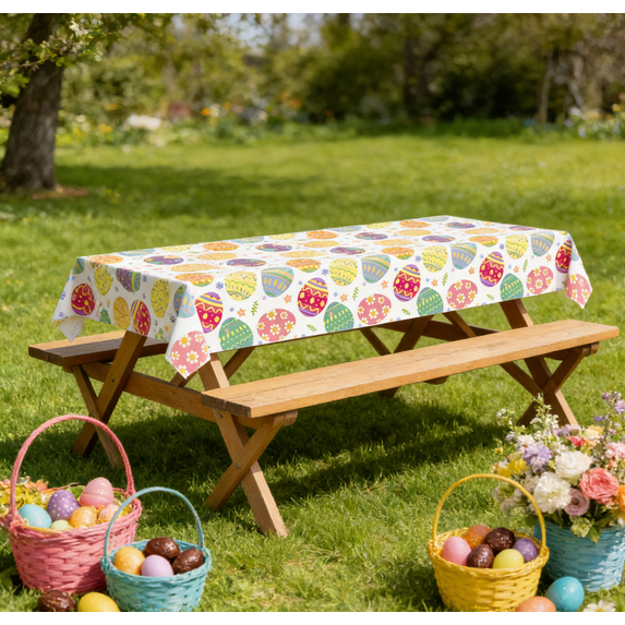 Easter Theme Party Tablecloth with Rabbit and Egg Print, Waterproof Fabric Table Cover for Dining Table and Party Use, Festive Spring Table Decor for Home Holiday Gathering, 107*54in, A