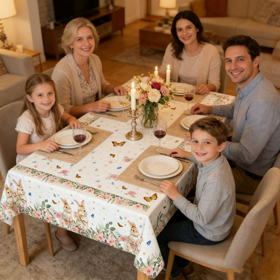 Easter Theme Party Tablecloth with Rabbit and Egg Print, Waterproof Fabric Table Cover for Dining Table and Party Use, Festive Spring Table Decor for Home Holiday Gathering, 107*54in, B