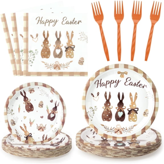 Easter Theme Party Tableware - 96PCS Easter Brown Flower Bunny Party Disposable Paper Plates Napkins and Plastic Forks Complete Set Serve 24 Guests Dinnerware for Holiday Party Table Decoration