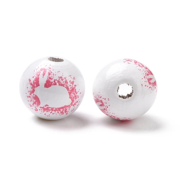 Easter Theme Printed Wood European Beads Large Hole Beads Round with Rabbit Pattern Camellia 16x14.5mm Hole: 4mm