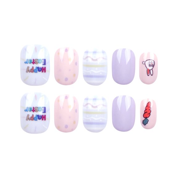 Easter Theme Rabbit Carrot Press on Nails, Short Squoval Glossy False Nails with Polka Dots Stripes, 10 Count