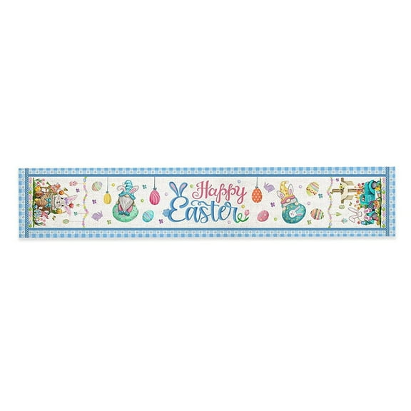 Easter Theme Tablecloth 82x13", Easter Eggs & Floral Print, Blue Plaid Linen Table Runner Spring Decor for Dining Table, Holiday Party Easter Decoration