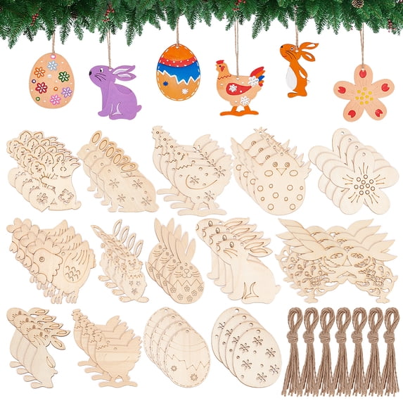 Easter Theme Unfinished Wood Pendant Decorations Painting Supplies Wall Decorations with Jute Rope Wheat 69~79.5x34~124x2~2.5mm for DIY
