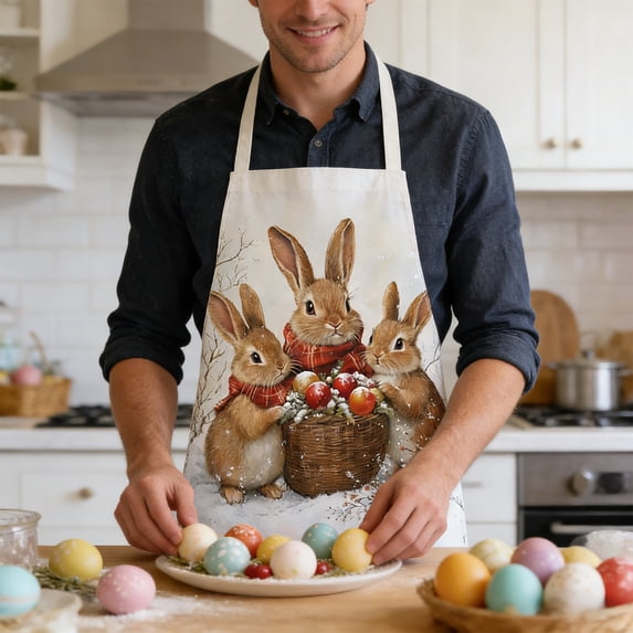 Easter Themed Apron, Soft Polyester Kitchen Cooking Apron, Bunny and Egg Print Decorative Bib Apron, Protective Cooking Gear For Adults, Festive Holiday Party Kitchen Wear, 26.77x21.65 Inches