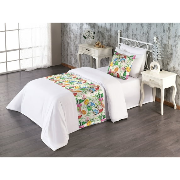 Easter Themed Bed Runner Set, Colorful Design Springtime Gnome and Egg Pattern on Plain Backdrop, Decorative Bedding Scarf & a Pillow Sham for Hotels Homes, Twin, Cream and Multicolor, by Ambesonne