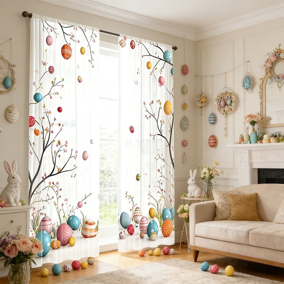 Easter Themed Blackout Curtain, Colorful Egg Floral Pattern Drape, Living Room Bedroom Window Decor, Festive Privacy Curtain for Home Holiday Party Decoration