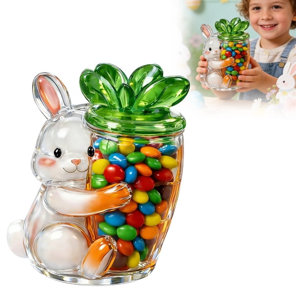 Easter Themed Candy Jar Airtight Glass Food Storage Container with Lid, Bunny/Egg Design Decorative Jar for Kitchen Pantry Organization, Holiday Party & Gift Giving