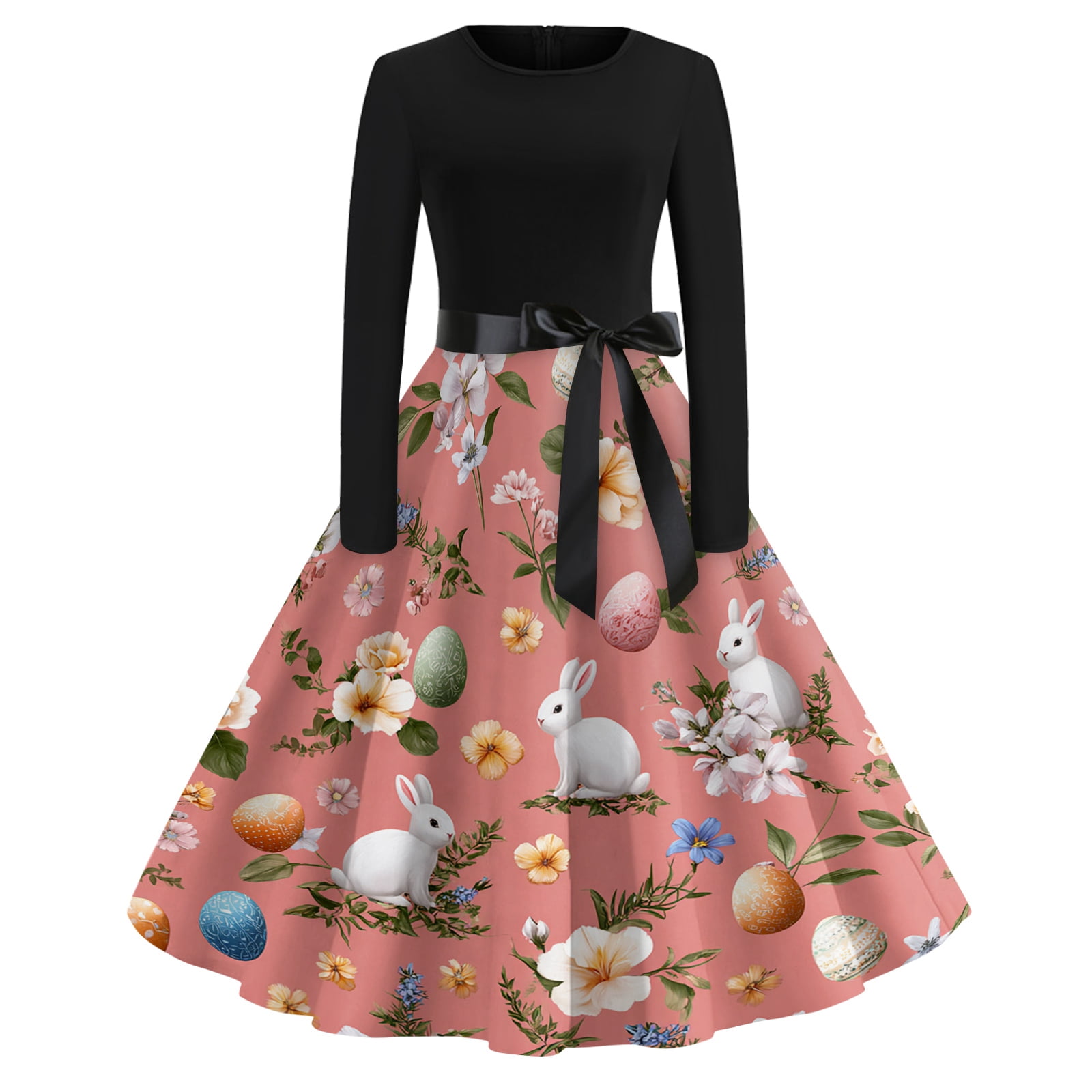 Women's Casual Fashion Crew Neck Retro Dress with Easter Print Trendy ...
