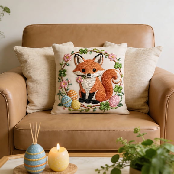 Easter Themed Decorative Pillow Case Single-Sided Print with Cute Embroidery Soft Short Lint Cover for Sofa Bed Living Room Home Accent 18x18 Inches Pillow Cover Only