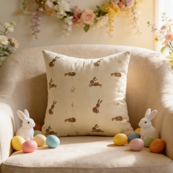 Easter Themed Embroidered Pillow Cover - Rabbit Pattern Cushion Case with 3D Towel Stitching, Soft Polyester Decorative Throw for Sofa Living Room Bedding, Festive Home Accent