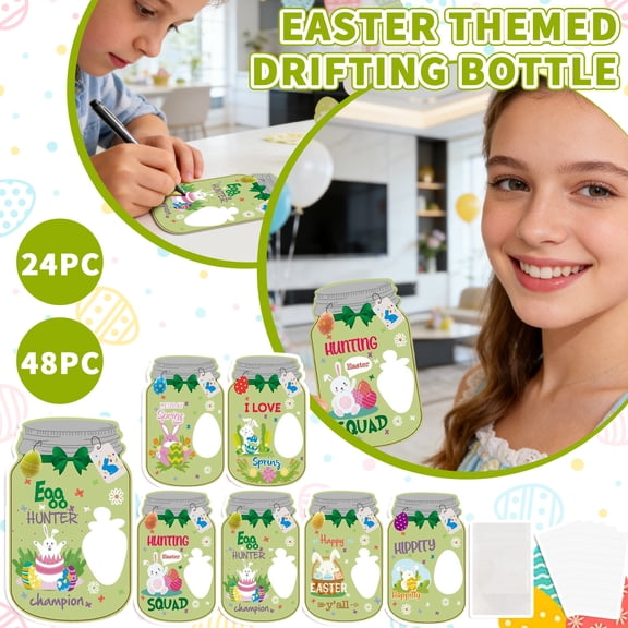 Easter Themed Floating Bottle Greeting Card, Fun Gift Card, Classroom Exchange Card, Easter Bunny Egg Party Greeting Card (24Pcs/Set) For Easter Celebration, Classroom Activities,