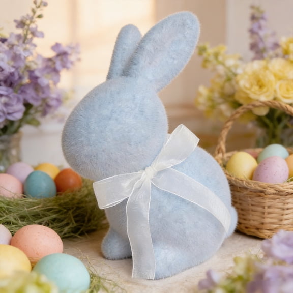 Easter Themed Flocked Bow Bunny Figurine, Holiday Home Desktop Decoration Statue, White Blue Gray, for Easter Party, Spring Decor, Gift Giving