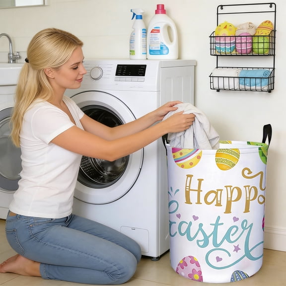 Easter Themed Laundry Hamper Flax Basket with Sturdy Handles, Foldable Storage Bin for Toys Clothes Organization, Linen Decorative Bin for Home Bedroom Bathroom, Holiday Gift Idea