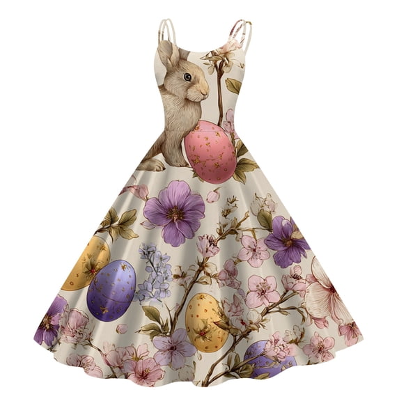 Easter Themed Off Shoulder Sleeveless Dress for Women Casual A Line Dress with Festive Bunny and Egg Print Trendy Spring Holiday Outfit Essentials