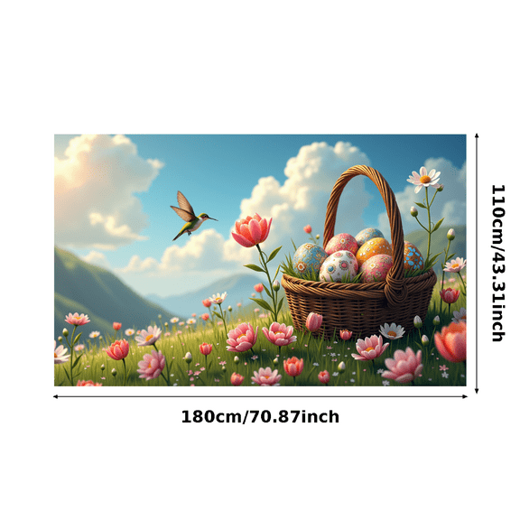 Easter Themed Pastel Colored Basket with Eggs Flower Field and Hummingbird Background Backdrop Banner Party Decorations Photography Props Easter Celebrations Family Gatherings Spring Events