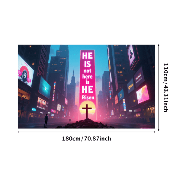 Easter Themed Sunset Landscape Banner with He not here HE Is Risen Text, Party Background Backdrop Decors for Easter Celebrations Church Events Religious Gatherings Photography Sessions