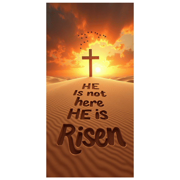 Easter Themed Sunset Landscape Banner with He not here HE Is Risen Text, Party Background Backdrop Decors for Easter Celebrations Church Events Religious Gatherings Photography Sessions