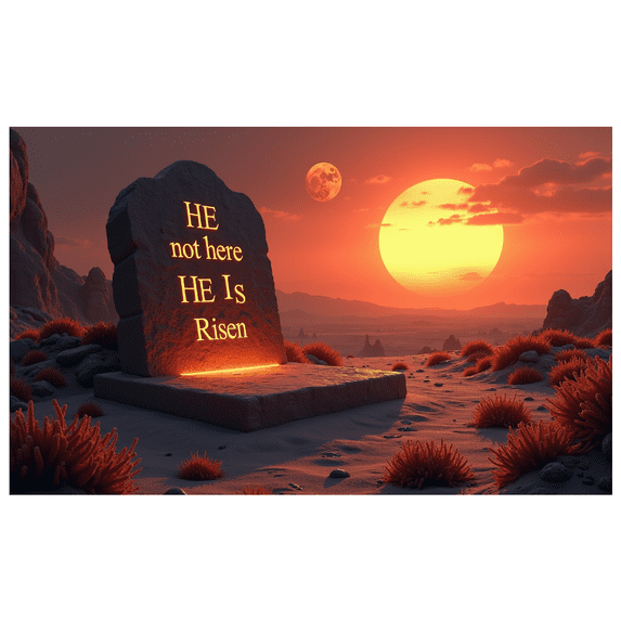 Easter Themed Sunset Landscape Banner with He not here HE Is Risen Text, Party Background Backdrop Decors for Easter Celebrations Church Events Religious Gatherings Photography Sessions