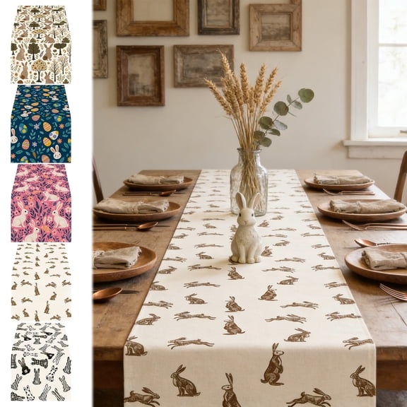 Easter Themed Table Runner Placemats,150x33CM Rabbit Egg Floral Pattern,Polyester Fabric Holiday Party Table Decor,Washable Reusable,Decorative Table Cover for Dining Table
