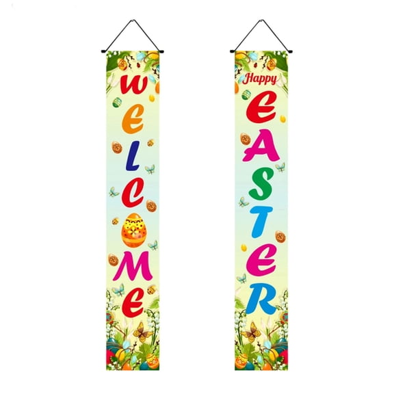 Easter Themed Two Piece Porch Hanging Flag Set 70.9X11.8 Inch For Outdoor Patio Garden Door Wall Decoration Spring Summer Holiday Banner With Rabbit Egg Design