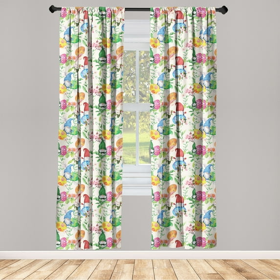 Easter Themed Window Curtains, Colorful Design Springtime Gnome and Egg Pattern on Plain Backdrop, Lightweight Decor 2-Panel Set with Rod Pocket, Pair of - 28"x63", Cream and Multicolor, by Ambesonne