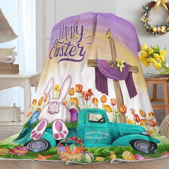 Easter Throw Blanket, Bunny Truck, Great Gift for Him Her, Home Decor, Water Resistant, Fleece, Unisex, Camping Home Bedroom Decor