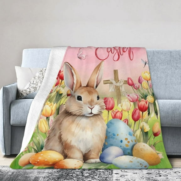 Easter Throw Blanket Farmhouse Rabbit Egg Bunny Blanket Spring Holiday Flower Floral Blanket for Couch Sofa Bed Soft Cozy Fuzzy Plush Fleece Print Blanket 50x40