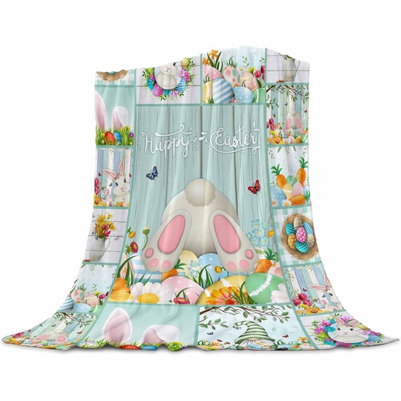 Easter Throw Blankett Bunny Tail Eggs Easter Blanket Soft Cozy Throw Blanket Gnome Rabbit Check Plaid Flannel Blankets for Sofa Couch Bed Throw Blanket for Home Spring Holiday Decoration 60" x 80"
