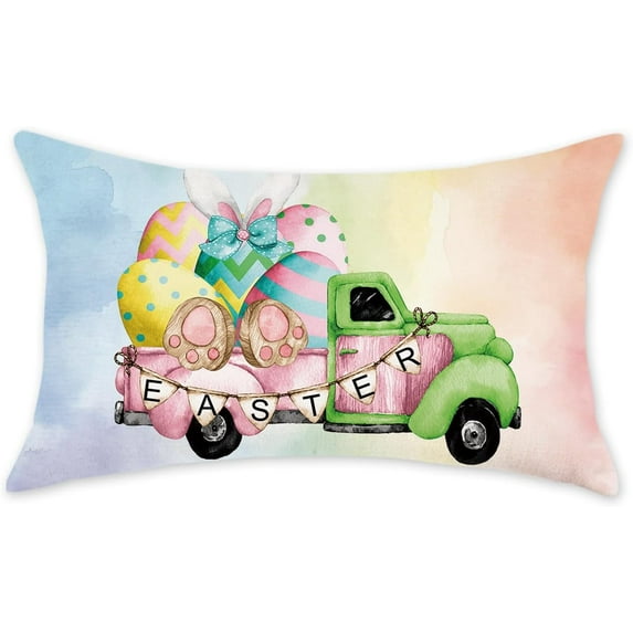 Easter Throw Pillow Cover 20x20 Inch Spring Farmhouse Bunny Truck Carrots Rabbit Decor Spring Outdoor Decorative Throw Cushion Case for Sofa Couch Home Bed