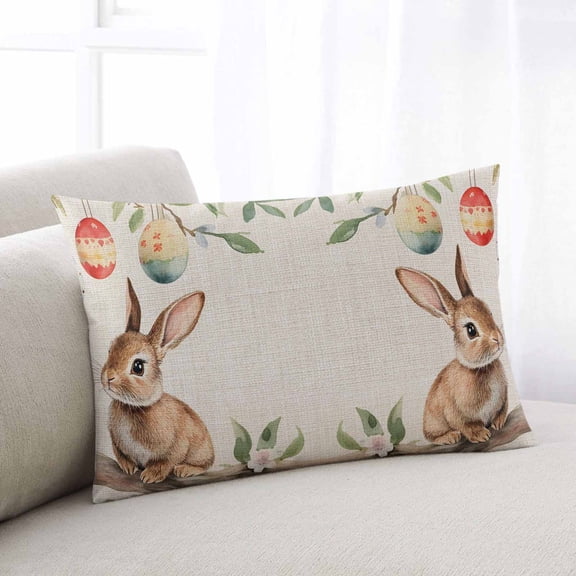 Easter Throw Pillow Cover, Pillowcase Protectors with Zipper, Breathable Decorative Lumbar Pillow Case Cover, Retro Rabbit Egg Tree Leaves Painting Spring Pillow Shams for Couch Sofa 12x20Inch