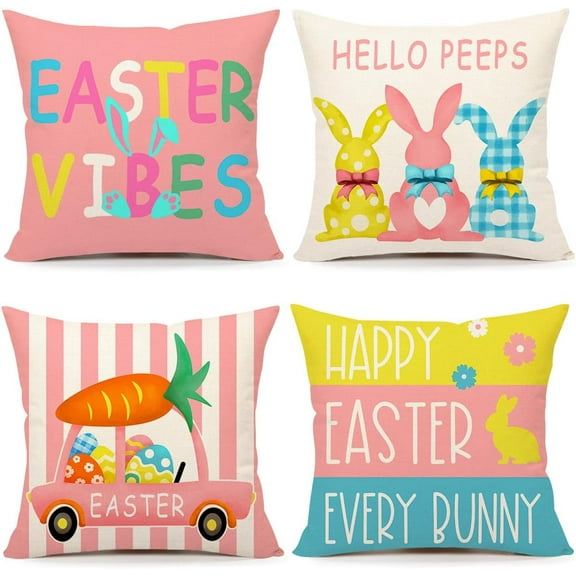 Easter Throw Pillow Covers 16 x 16 Inch Set of 4, Hello Peeps Bunny Spring Farmhouse Holiday Colorful Cushion Case for Home Sofa Couch Decoration TH175-16